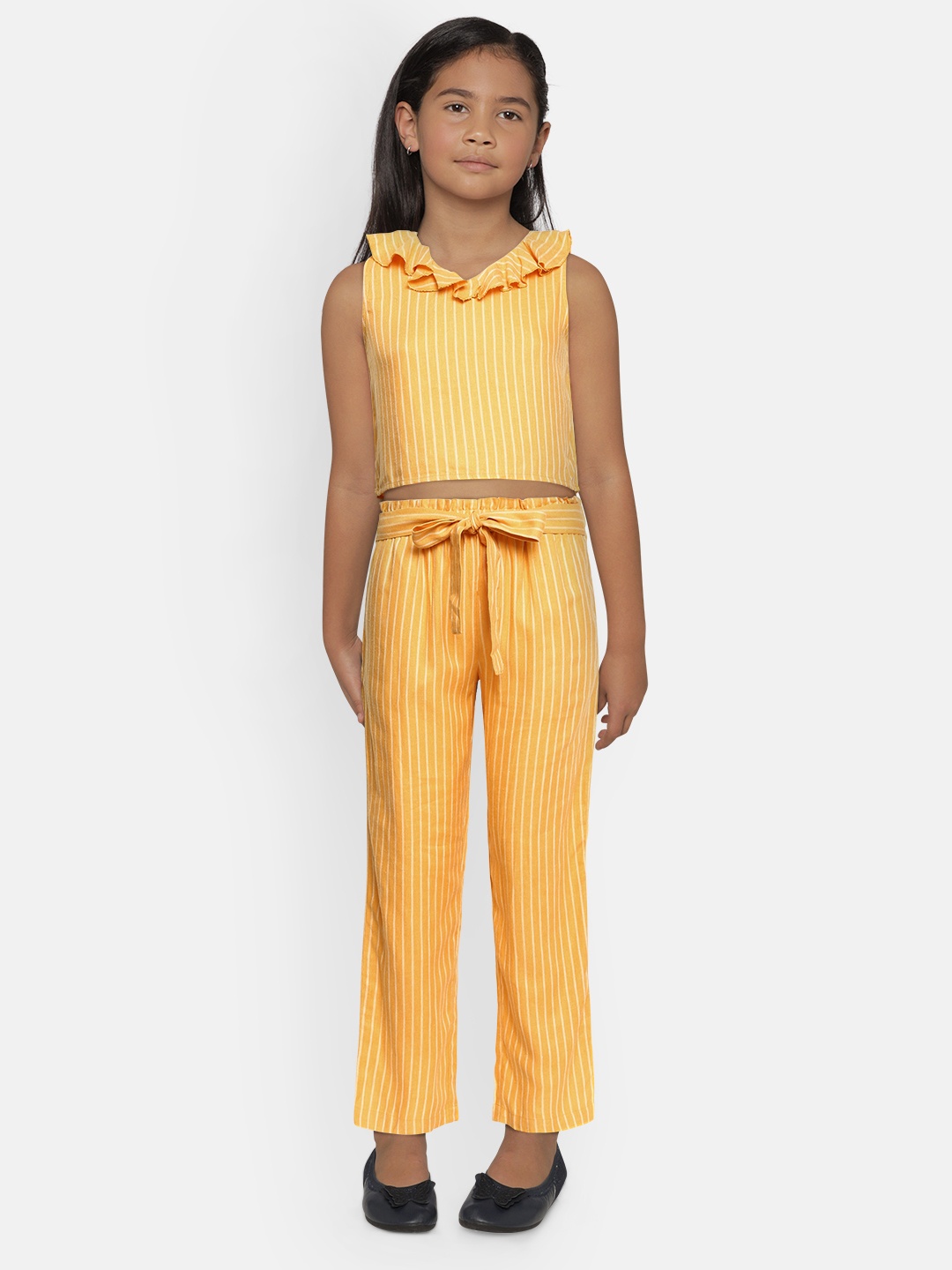 

AND Girls Mustard Yellow & White Striped Top with Palazzos