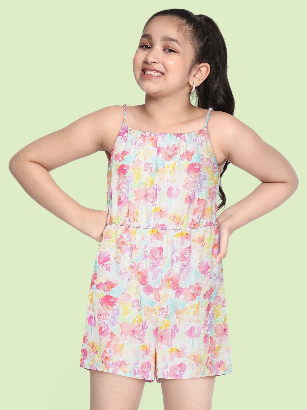 

AND Girls Pink & Blue Shoulder Straps Floral Print Basic Jumpsuit with Gathers