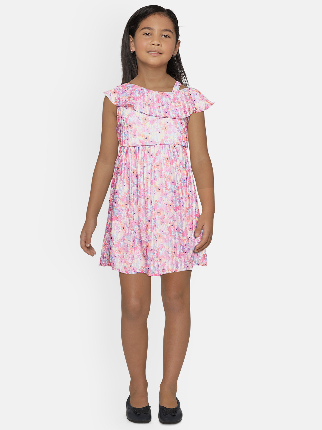 

AND Girls Pink Floral Print Accordion Pleated One-Shoulder Flared Dress