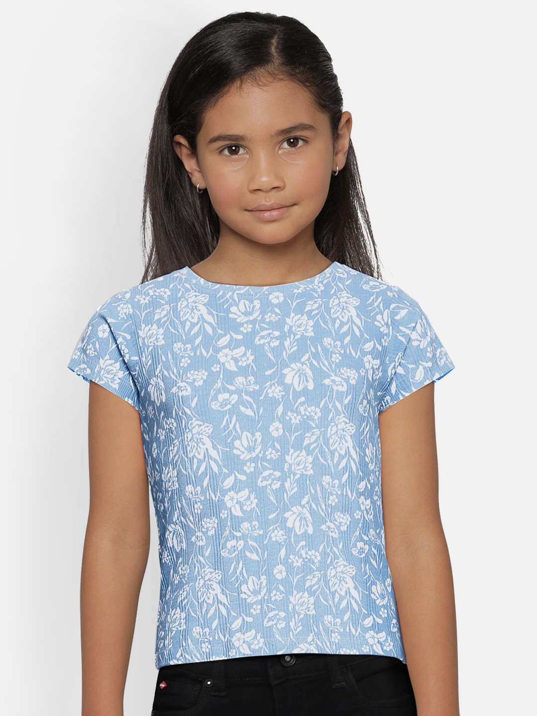 

AND Girls Blue & White Floral Printed Top
