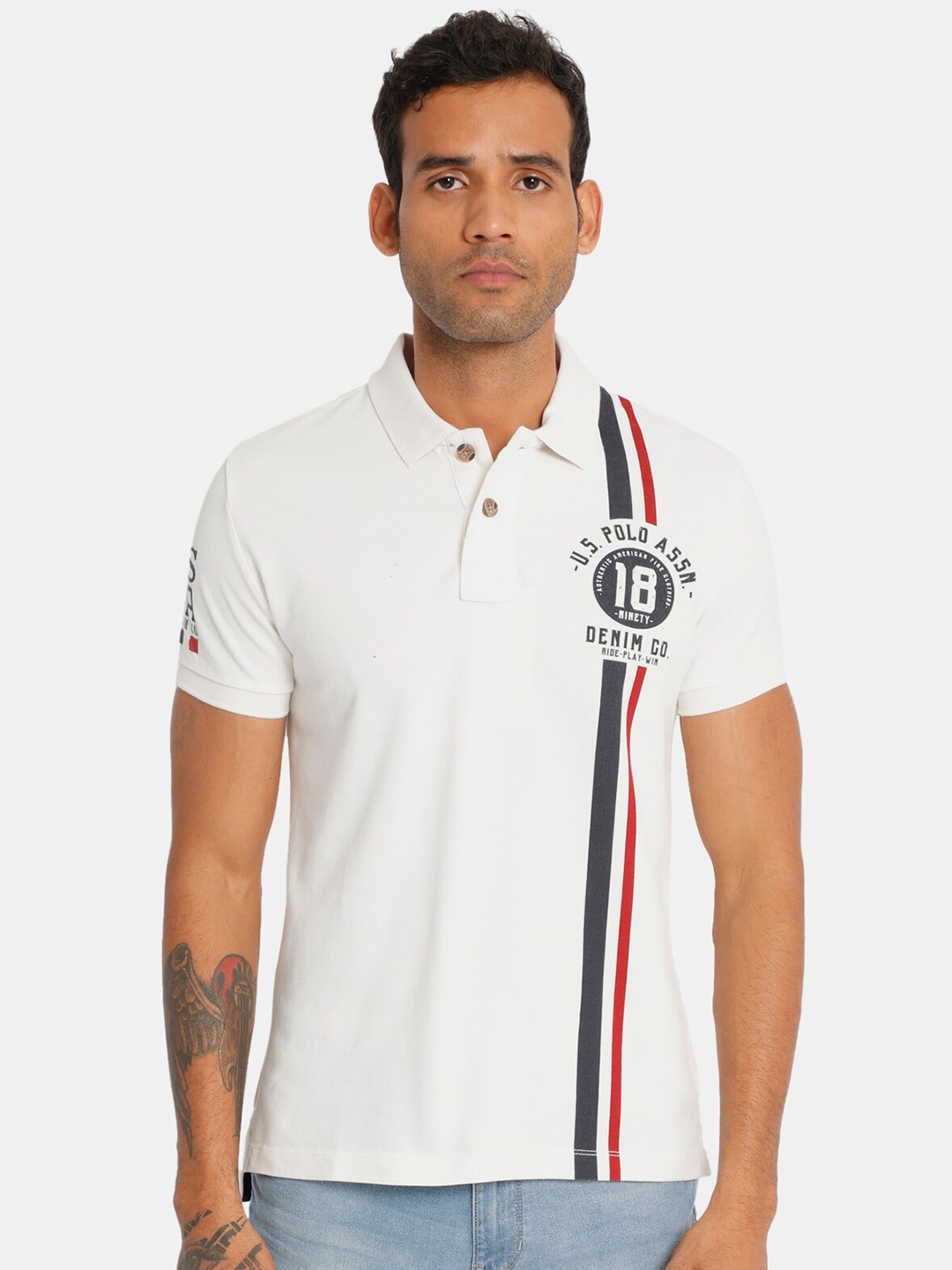 

U.S. Polo Assn. Denim Co. Men White Printed Polo Collar T-shirt