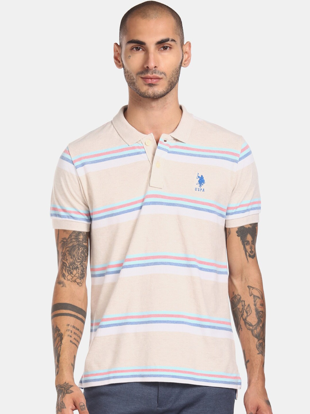 

U.S. Polo Assn. Men Beige & Blue Striped Polo Collar T-shirt