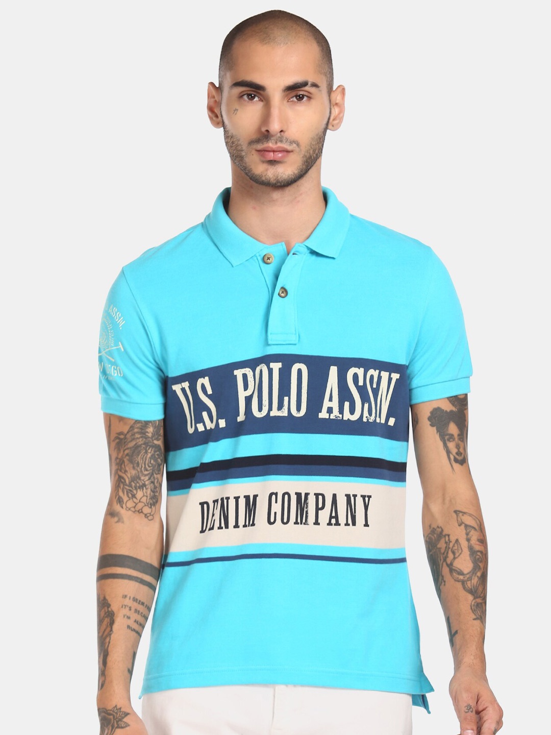 

U.S. Polo Assn. Denim Co. Men Blue Printed Polo Collar T-shirt