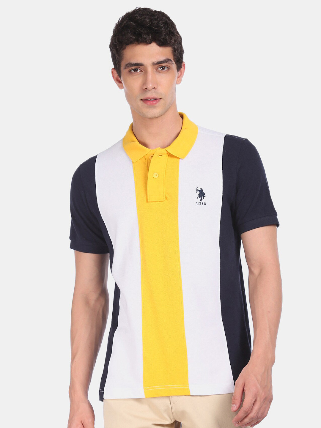 

U.S. Polo Assn. Men White & Navy Blue Striped Polo Collar T-shirt