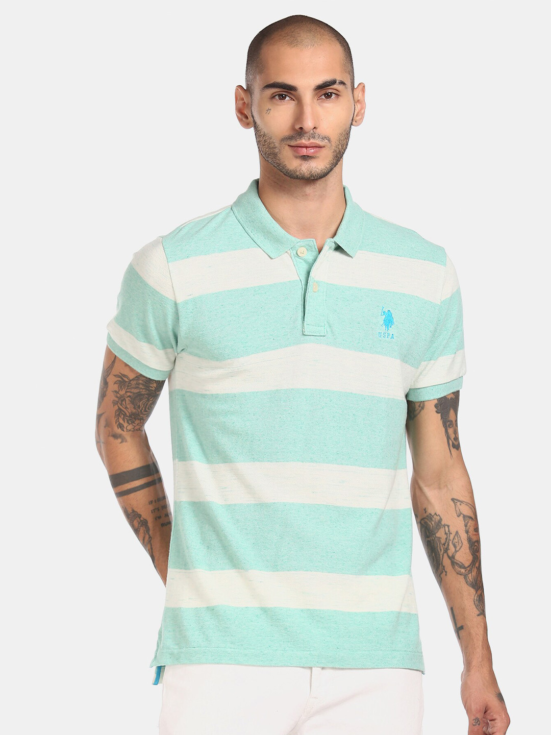 

U.S. Polo Assn. Men Sea Green & Off-White Striped Polo Collar T-shirt
