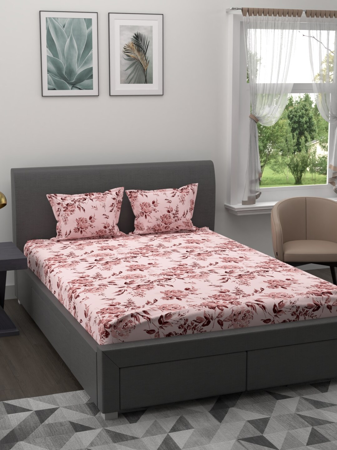 

MYTRIDENT Off-White Coral Pink Floral 200 TC Cotton 1 King Bedsheet with 2 Pillow Covers