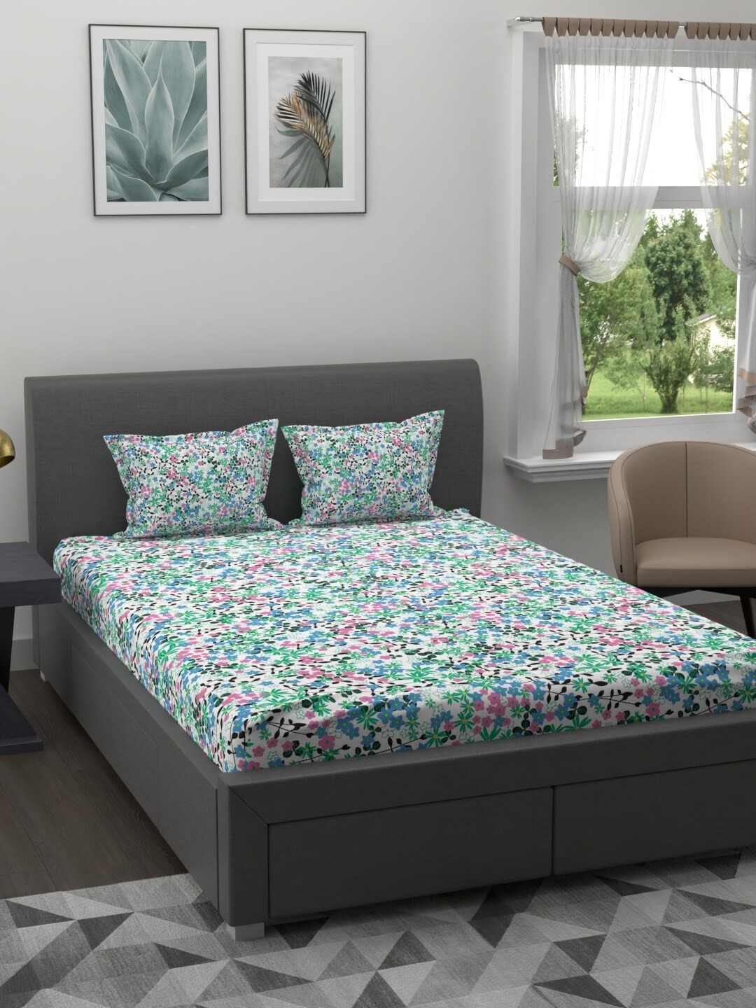 

MYTRIDENT White Pink Floral 200 TC Cotton 1 King Bedsheet with 2 Pillow Covers