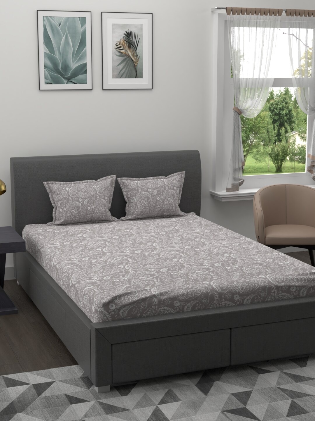 

MYTRIDENT Grey Ethnic Motifs King Size Sheet Set