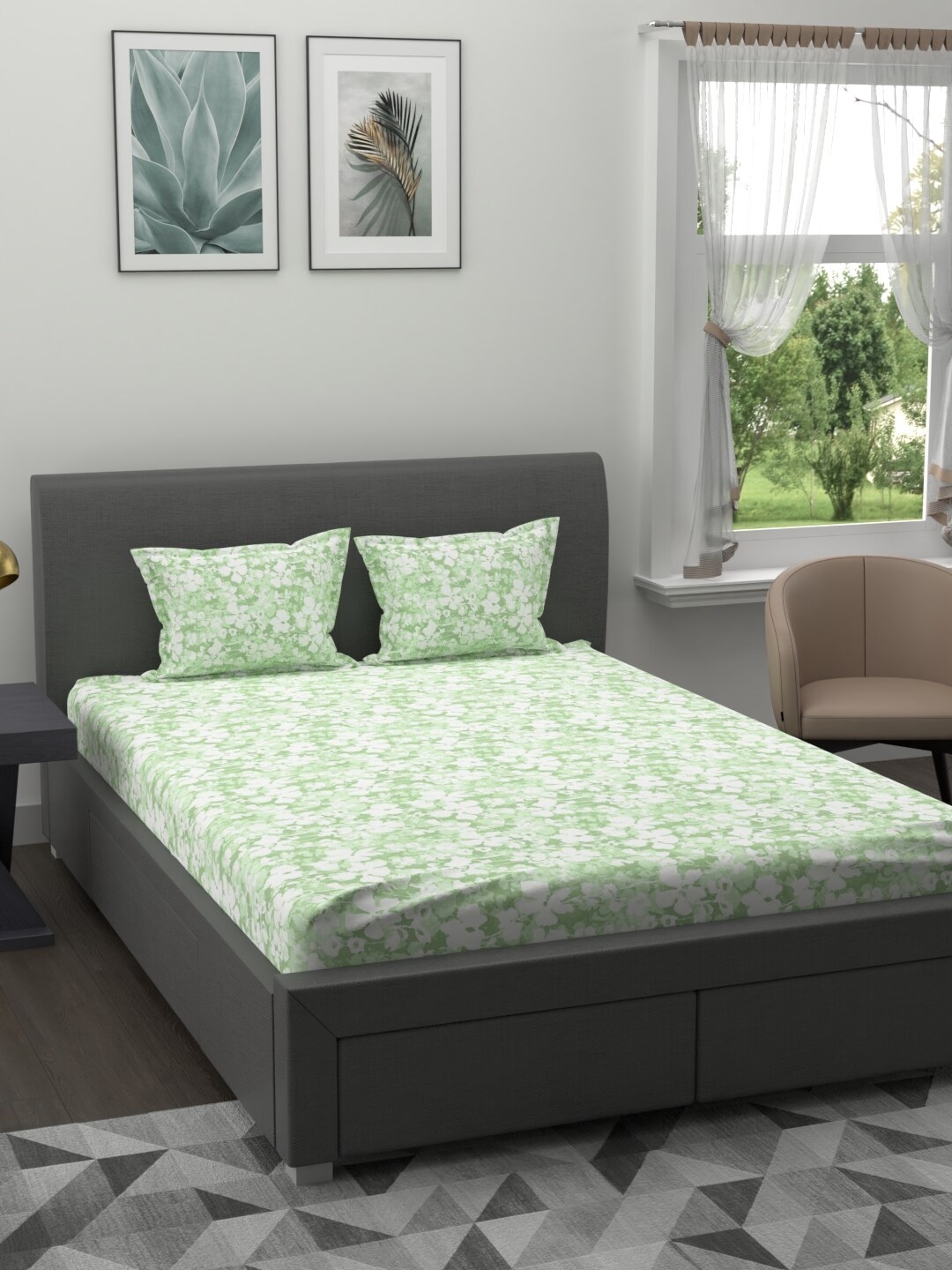 

MYTRIDENT Green Floral 200 TC Cotton 1 King Bedsheet with 2 Pillow Covers