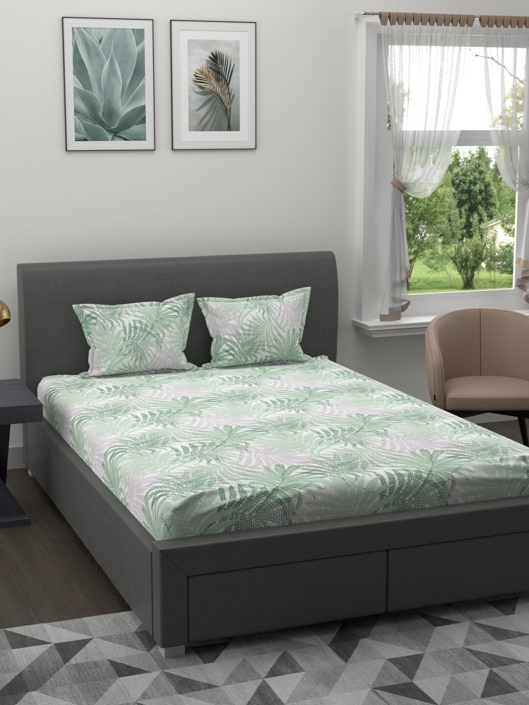 

MYTRIDENT Green Pink Floral 200 TC Cotton 1 King Bedsheet with 2 Pillow Covers