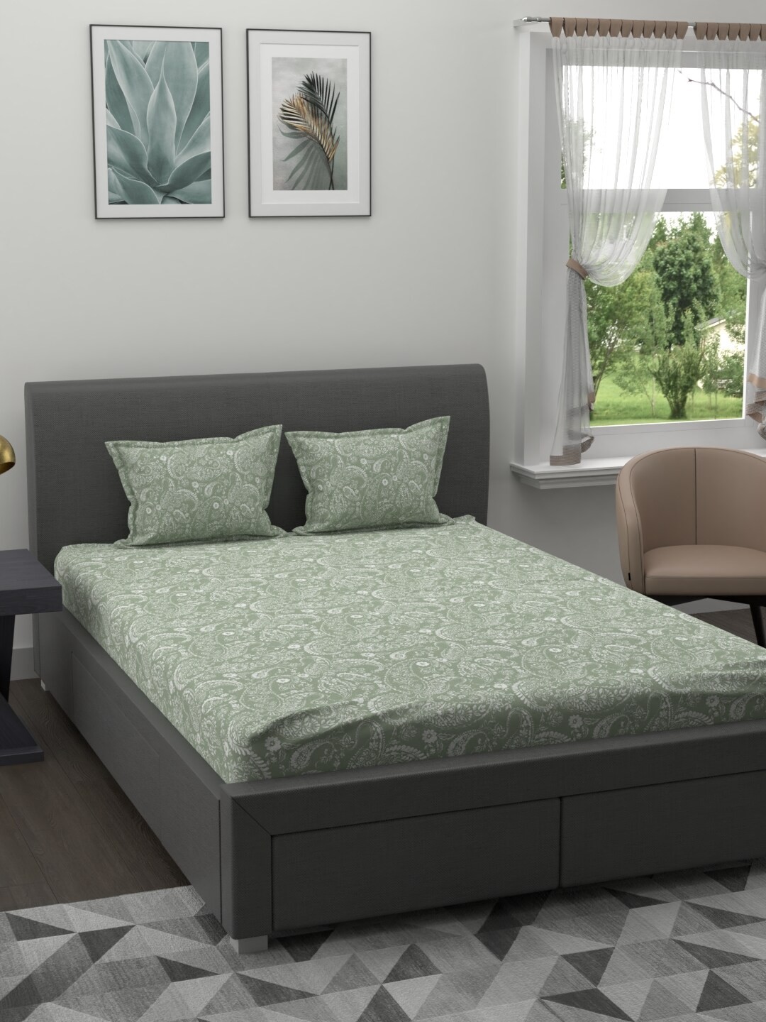 

MYTRIDENT Green White Ethnic Motifs 200 TC Cotton 1 King Bedsheet with 2 Pillow Covers
