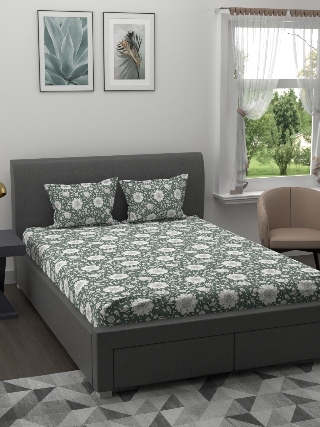 

MYTRIDENT Green White Floral 200 TC Cotton 1 King Bedsheet with 2 Pillow Covers