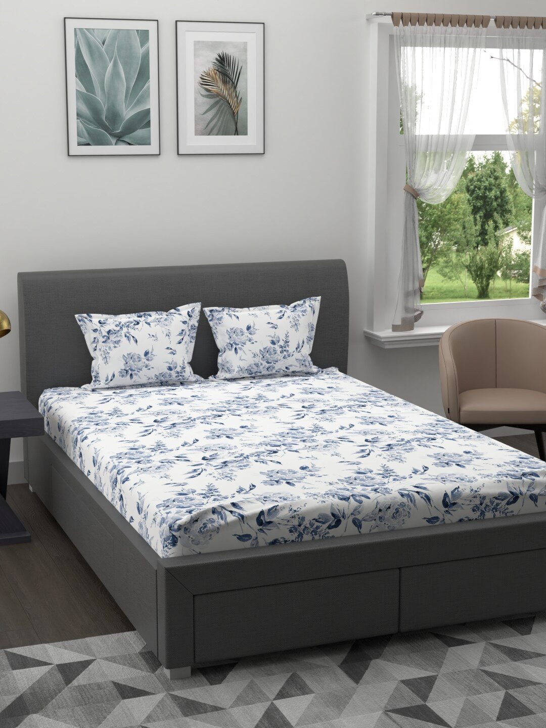 

MYTRIDENT Unisex Off White Floral King Size Sheet Set
