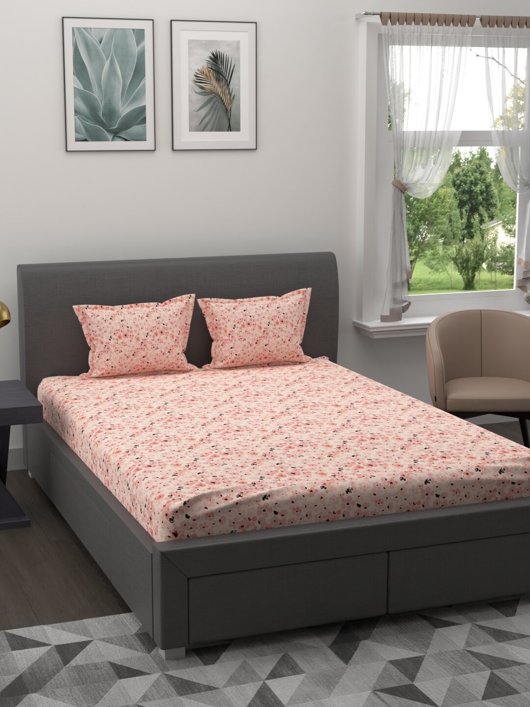 

MYTRIDENT Peach-Coloured Floral 200 TC Cotton 1 King Bedsheet with 2 Pillow Covers
