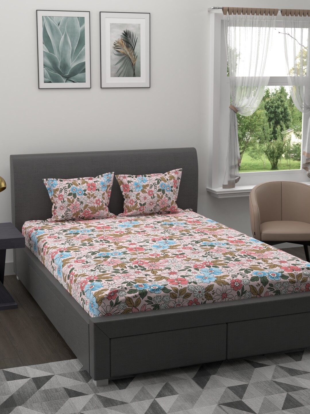 

MYTRIDENT Pink Blue Floral 200 TC Cotton 1 King Bedsheet with 2 Pillow Covers