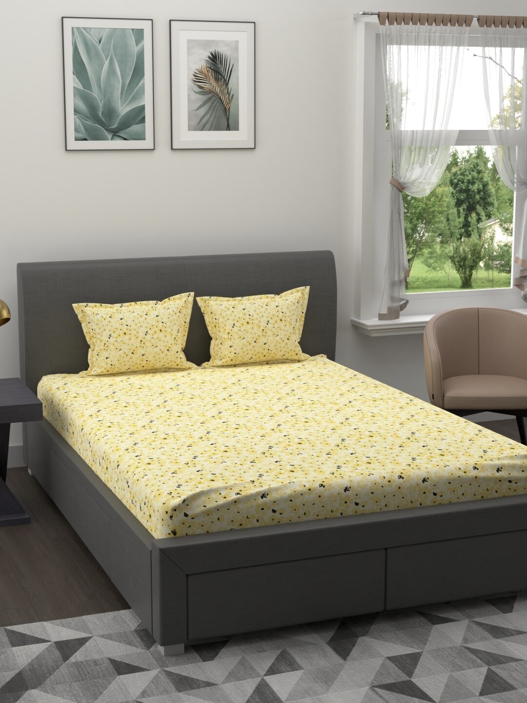 

MYTRIDENT Yellow Black Floral 200 TC Cotton 1 King Bedsheet with 2 Pillow Covers