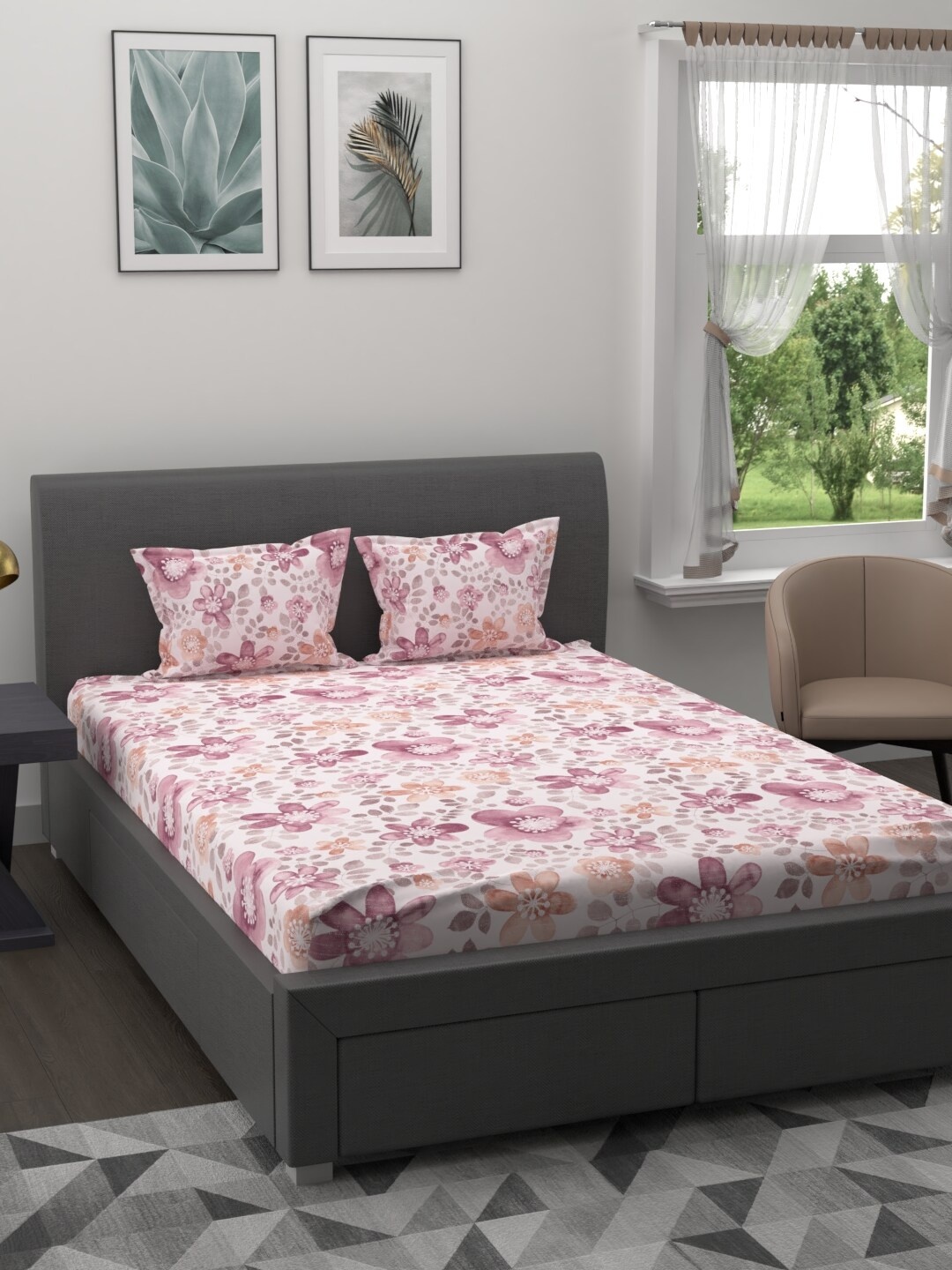 

MYTRIDENT White Pink Floral 200 TC Cotton 1 King Bedsheet with 2 Pillow Covers