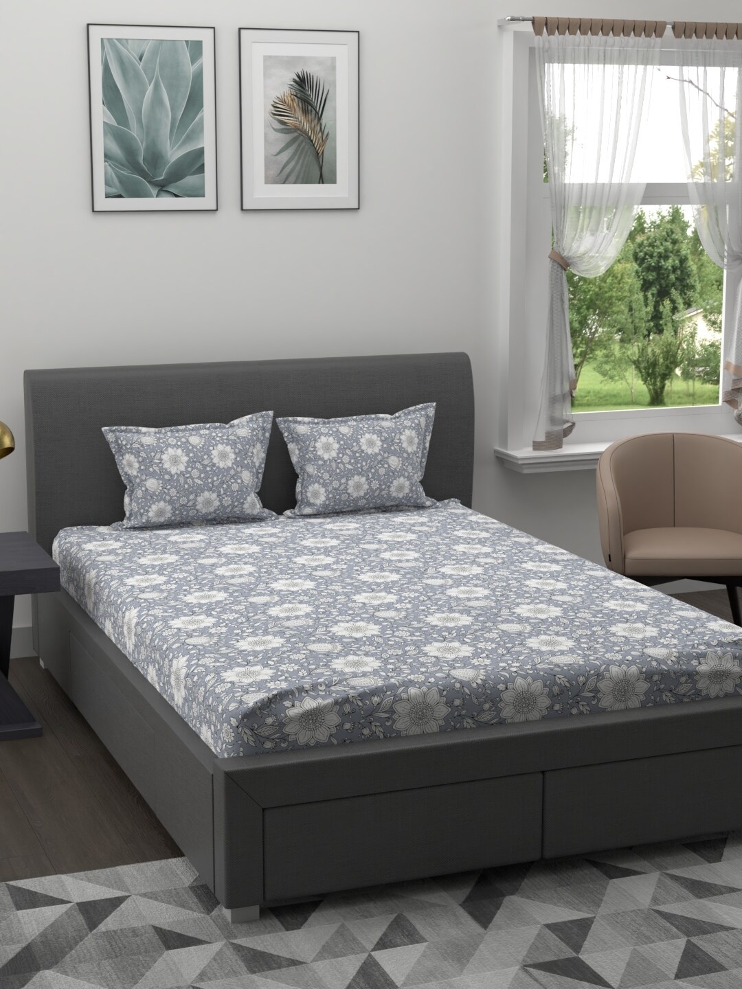 

MYTRIDENT Unisex Grey Floral King Size Sheet Set