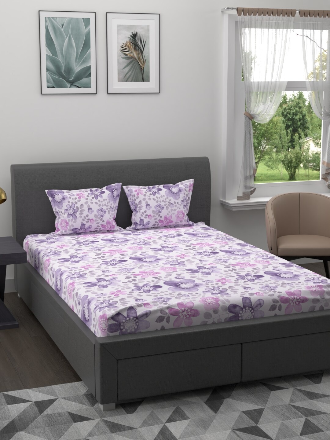 

MYTRIDENT Purple Floral Printed 200 TC Cotton 1 King Bedsheet with 2 Pillow Covers