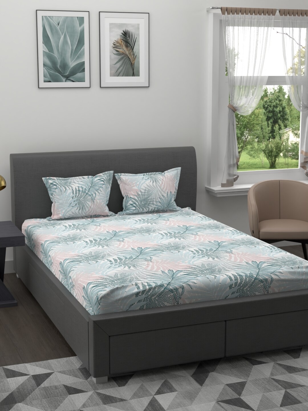

MYTRIDENT Blue White Floral 200 TC Cotton 1 King Bedsheet with 2 Pillow Covers