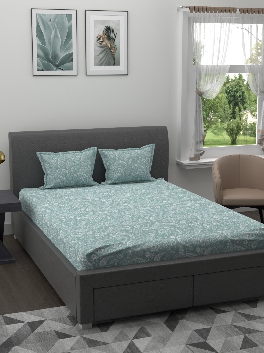 

MYTRIDENT Blue White Ethnic Motifs 200 TC Cotton 1 King Bedsheet with 2 Pillow Covers