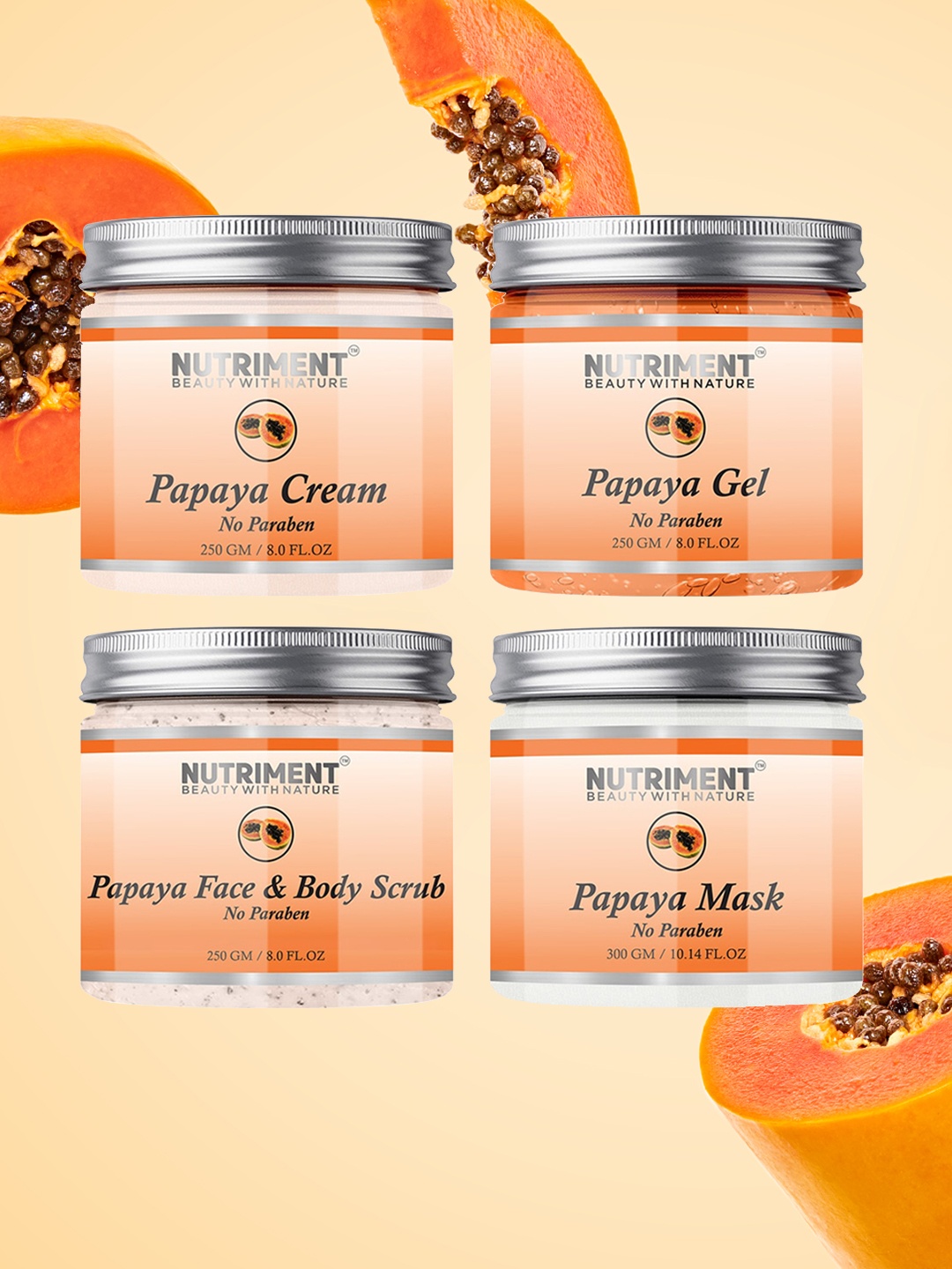 

Nutriment Pack of 4 Papaya Scrub - Gel - Cream & Mask - 1050 g, Transparent