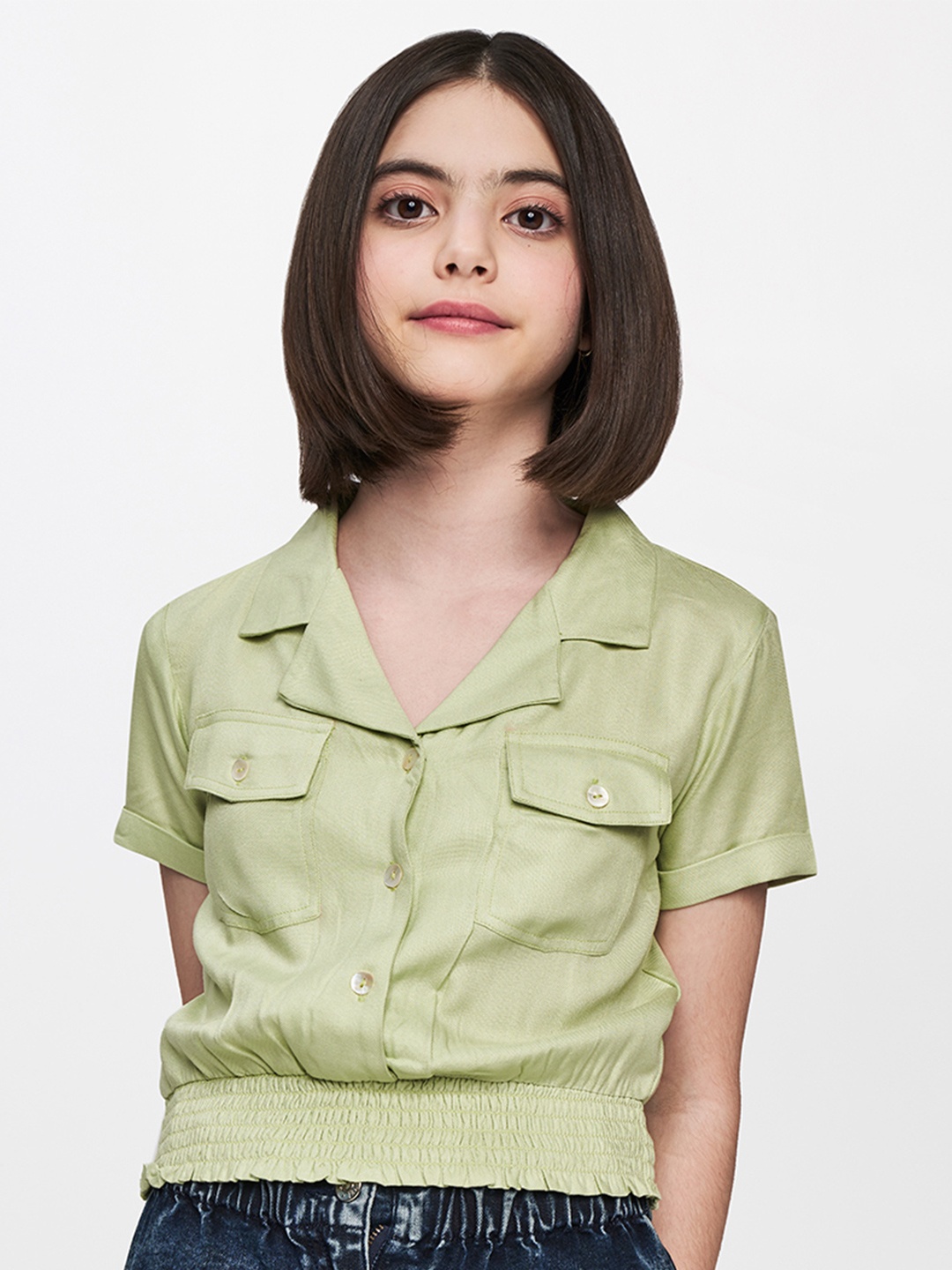 

AND Girls Green Shirt Style Crop Top