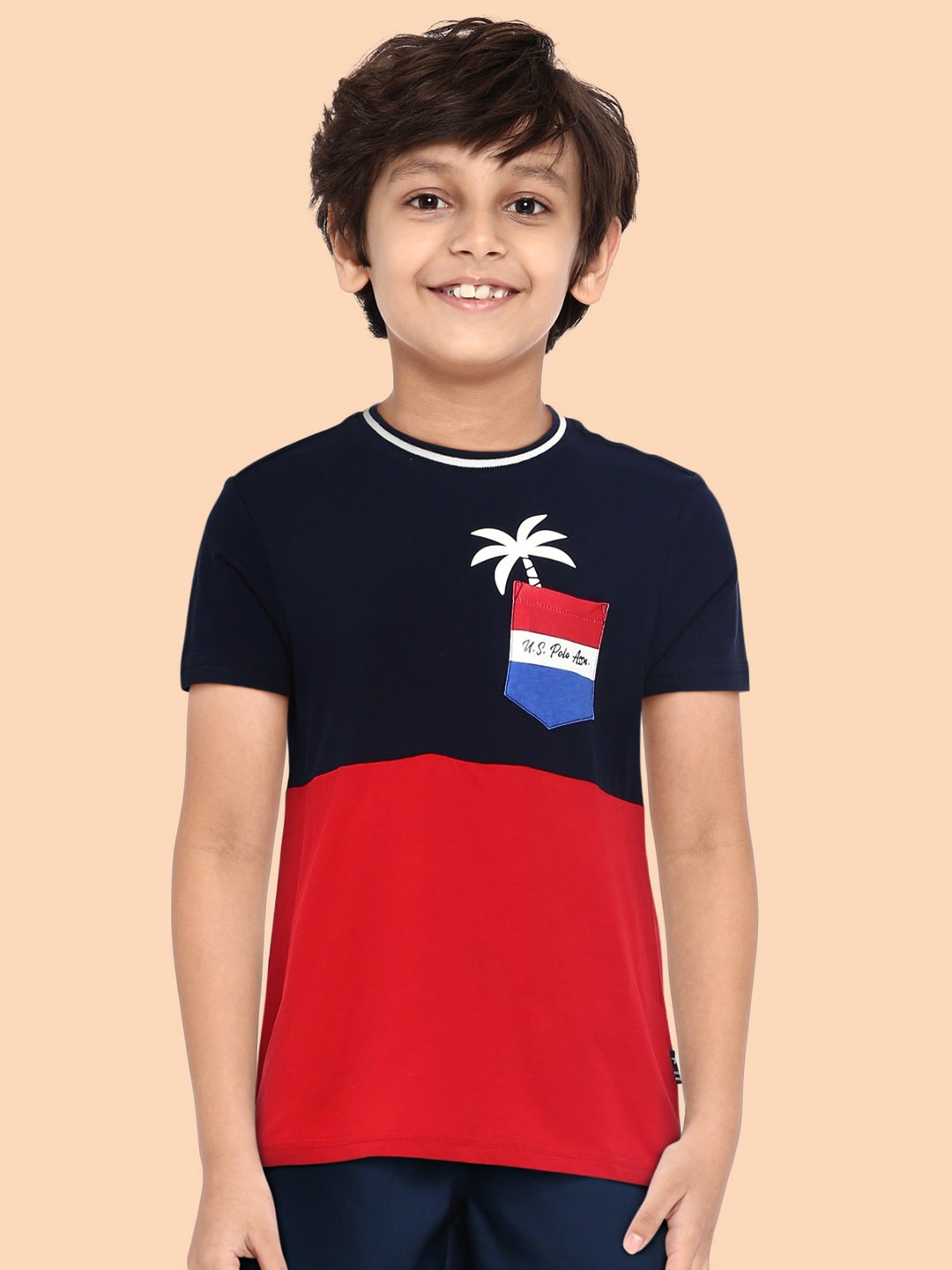 

U.S. Polo Assn. Kids Boys Navy Blue & Red Colourblocked V-Neck T-shirt