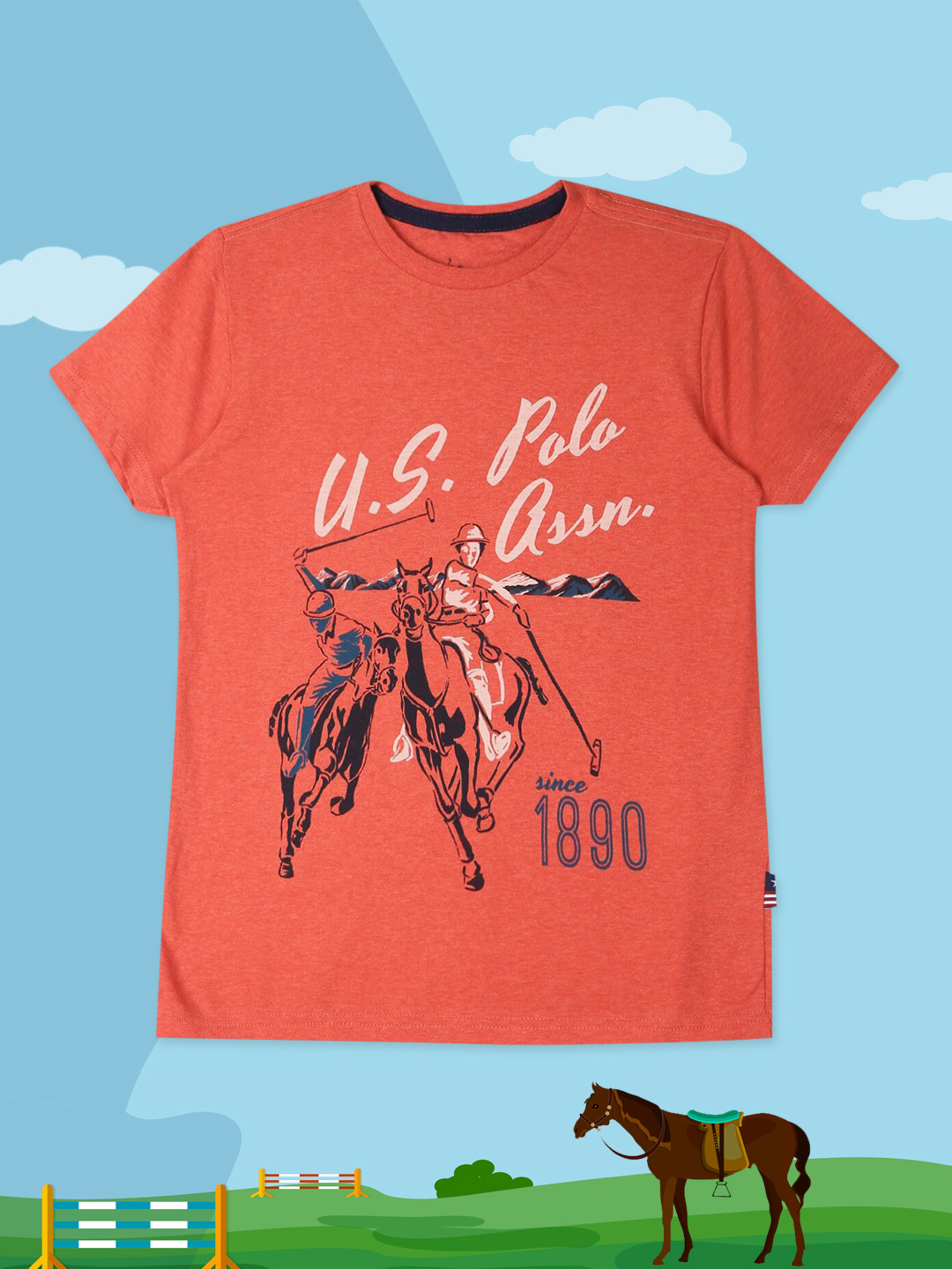 

U.S. Polo Assn. Kids Boys Coral Orange Printed Round Neck T-shirt