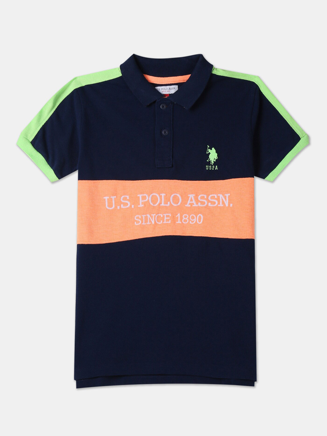 

U.S. Polo Assn. Kids Boys Navy Blue & Coral Pink Colourblocked Polo Collar T-shirt
