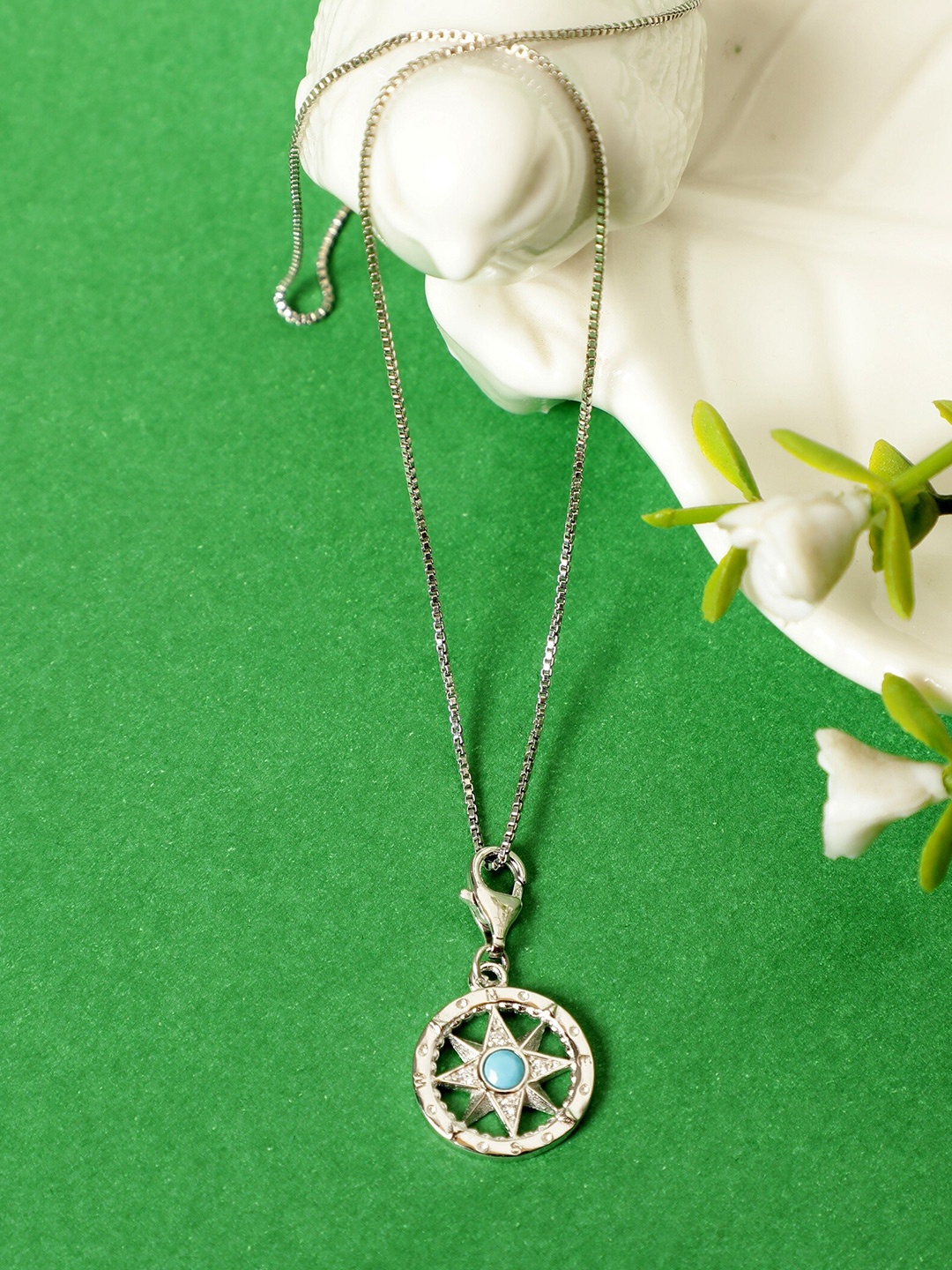 

GIVA 925 Sterling Silver Rhodium Plated & Turquoise Blue Compass Pendant with Link Chain