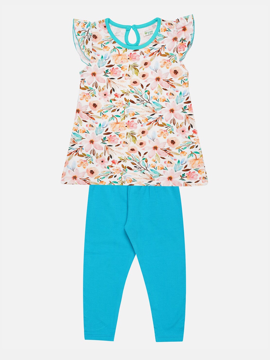 

OHMS Girls White & Turquoise Blue Printed Top with Leggings