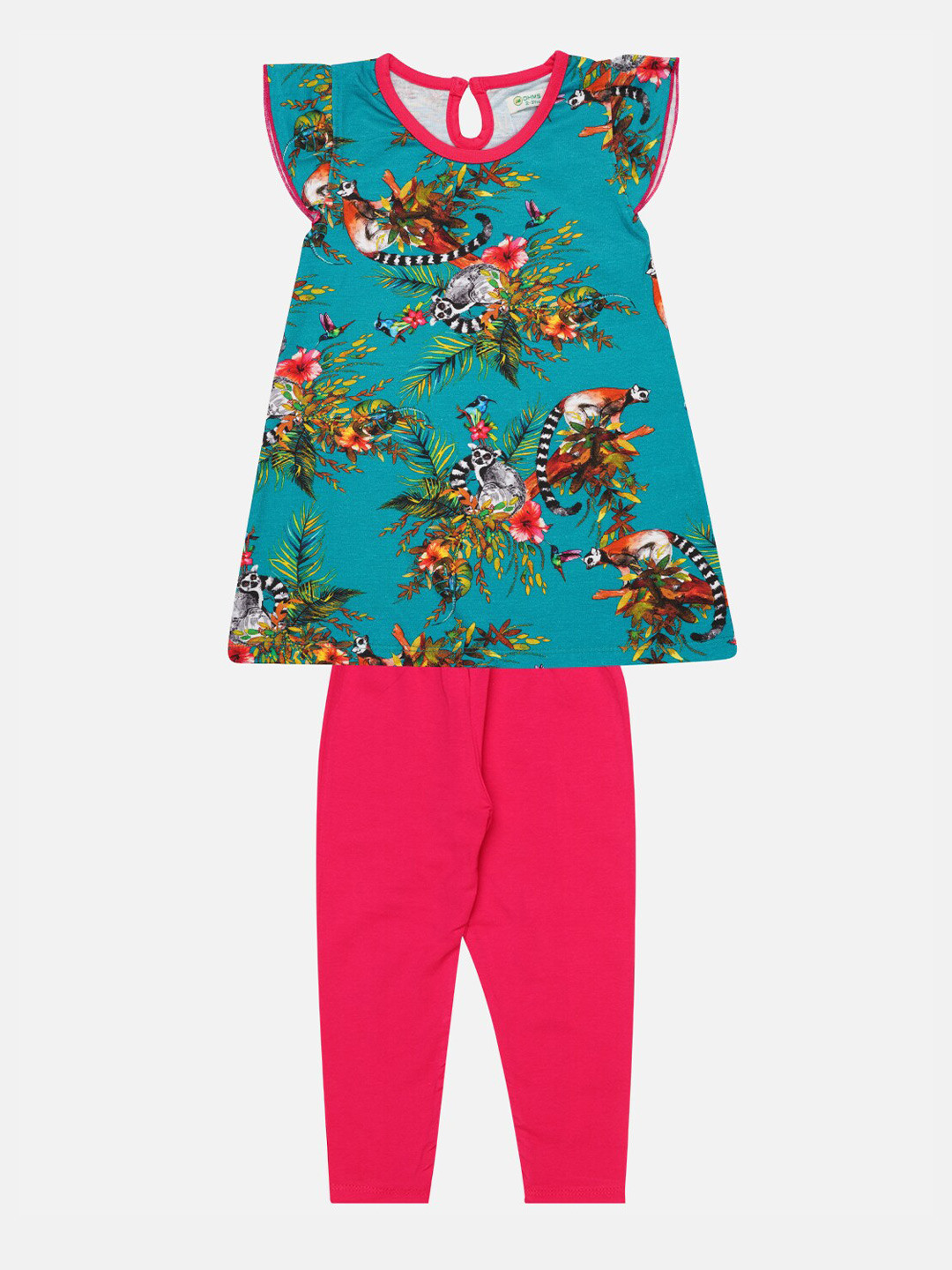 

OHMS Girls Blue & Pink Printed Top with Leggings