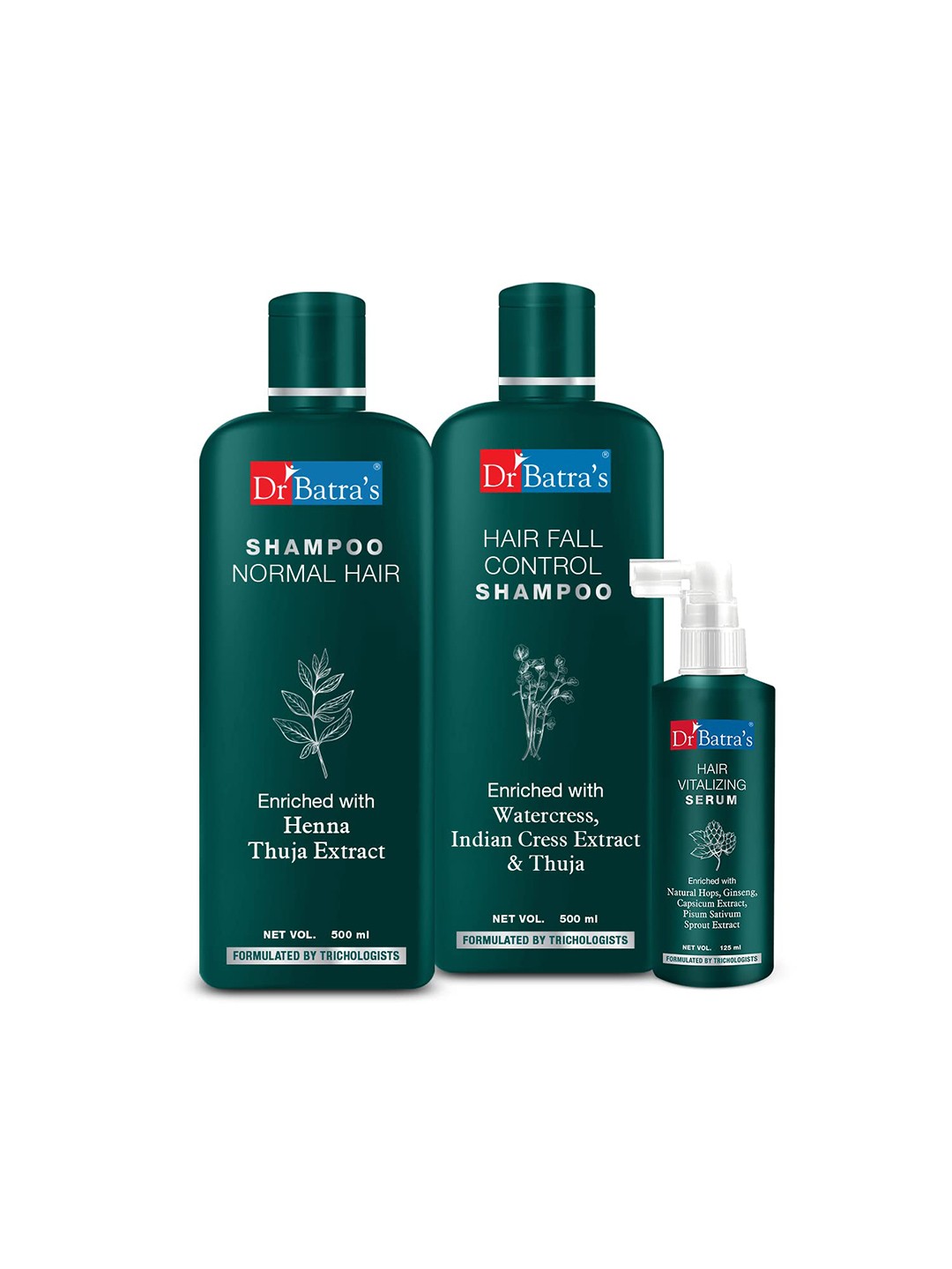 

Dr. Batras Hair Vitalizing Serum 125ml + Hair Fall Control Shampoo + Normal Hair Shampoo, Brown