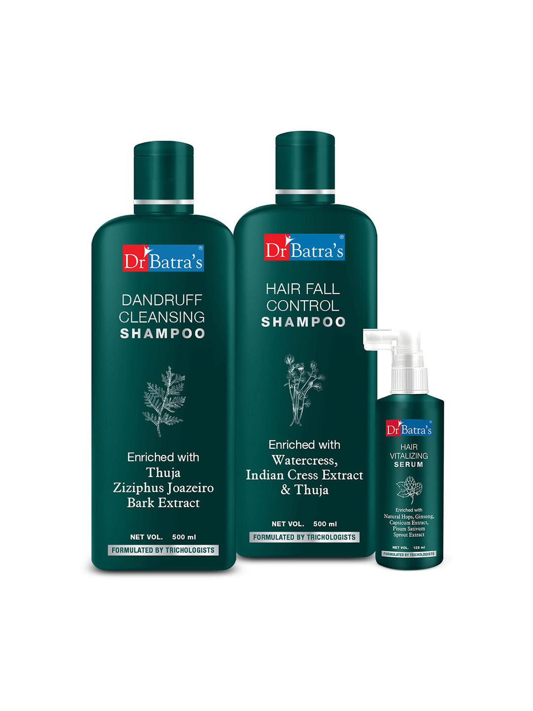 

Dr. Batras Hair Vitalizing Serum + Hair Fall Control Shampoo + Dandruff Cleansing Shampoo, Brown