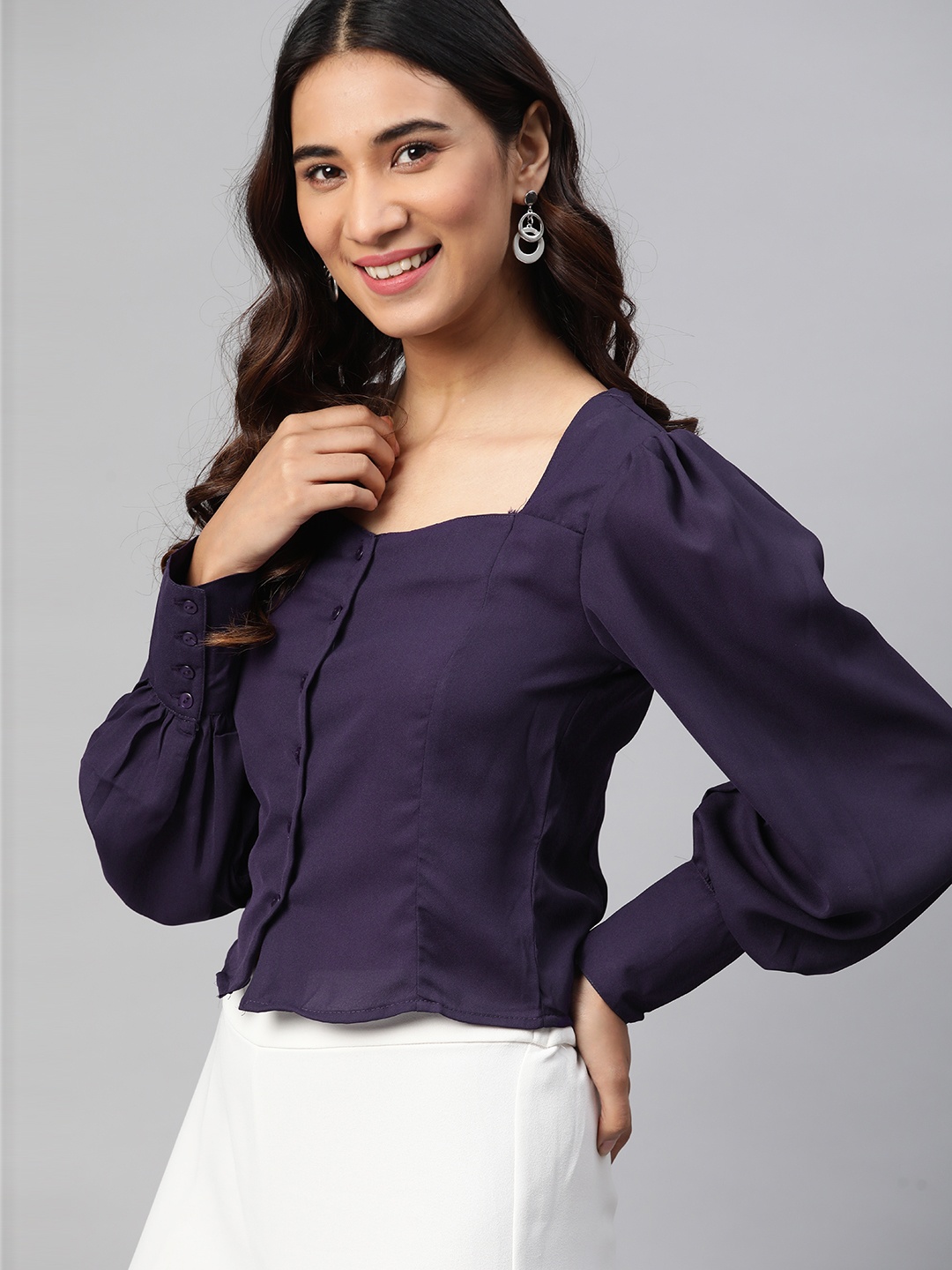 

HERE&NOW Purple Bishop Sleeves Regular Crop Top