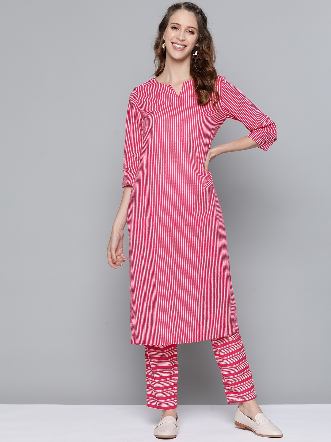 

HERE&NOW Women Pink Striped Pure Cotton Kurta with Trousers