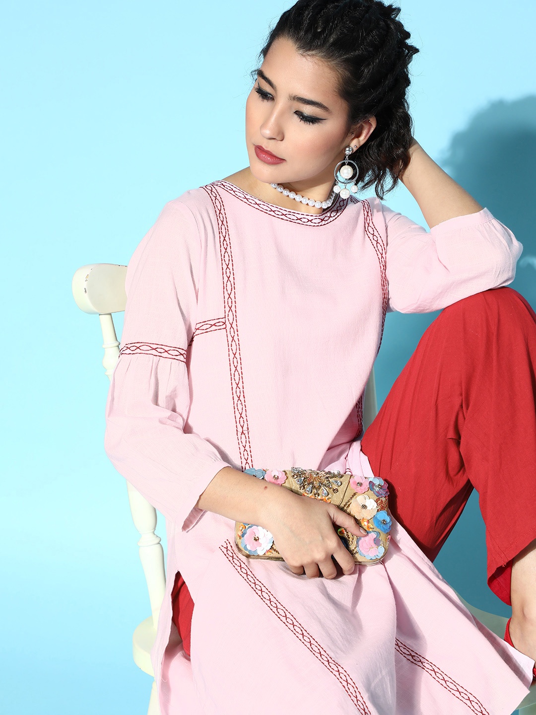 

Moda Rapido Women Pink Pure Cotton Thread Work Kurta with Palazzos