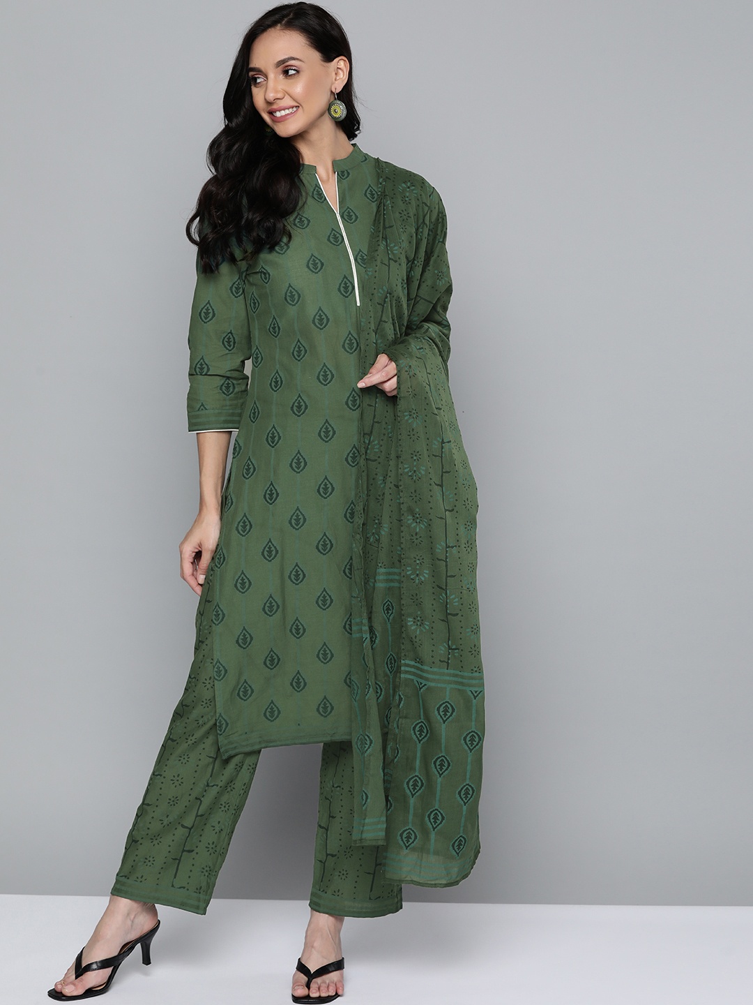 

HERE&NOW Women Green Ethnic Motifs Printed Pure Cotton Kurta with Palazzos & With Dupatta