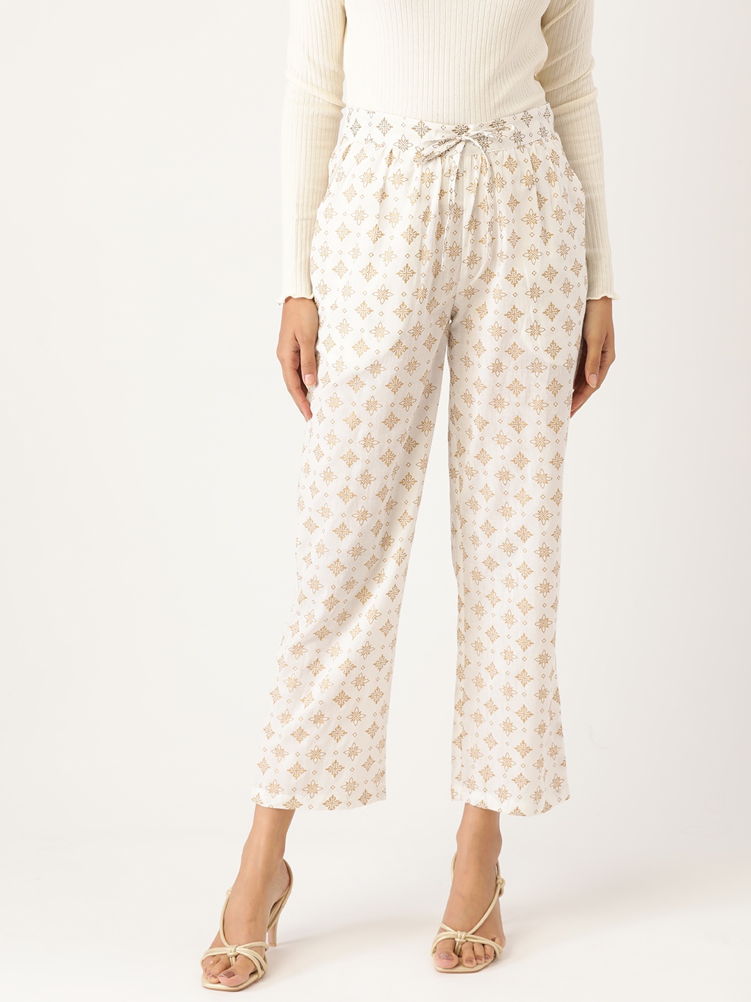 

Moda Rapido Women White & Golden Pure Cotton Printed Cropped Straight Palazzos