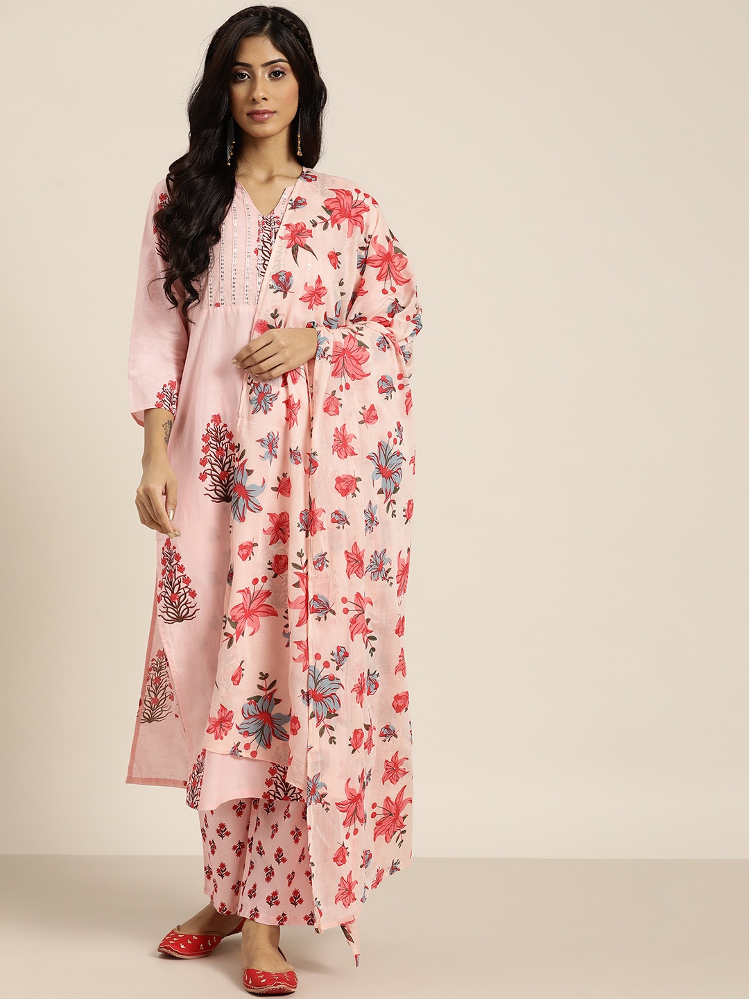 

Moda Rapido Women Pink Motifs Print Sequinned Cotton Kurta with Palazzos & Dupatta