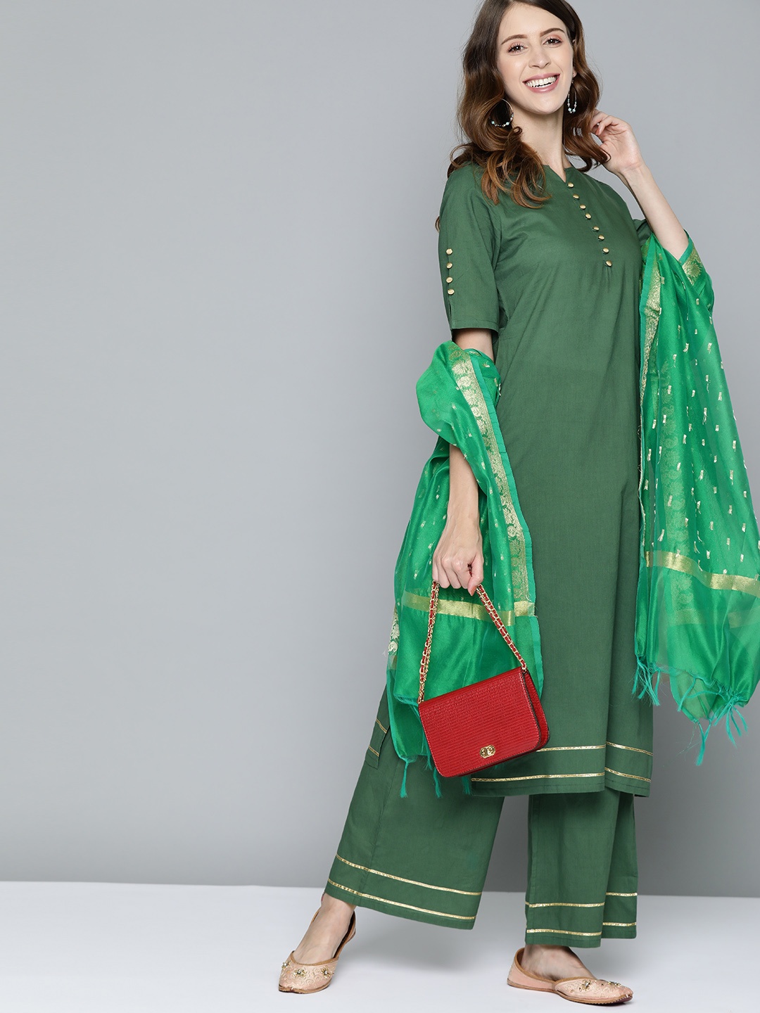 

HERE&NOW Women Green Gotta Patti Pure Cotton Kurta with Palazzos & Dupatta
