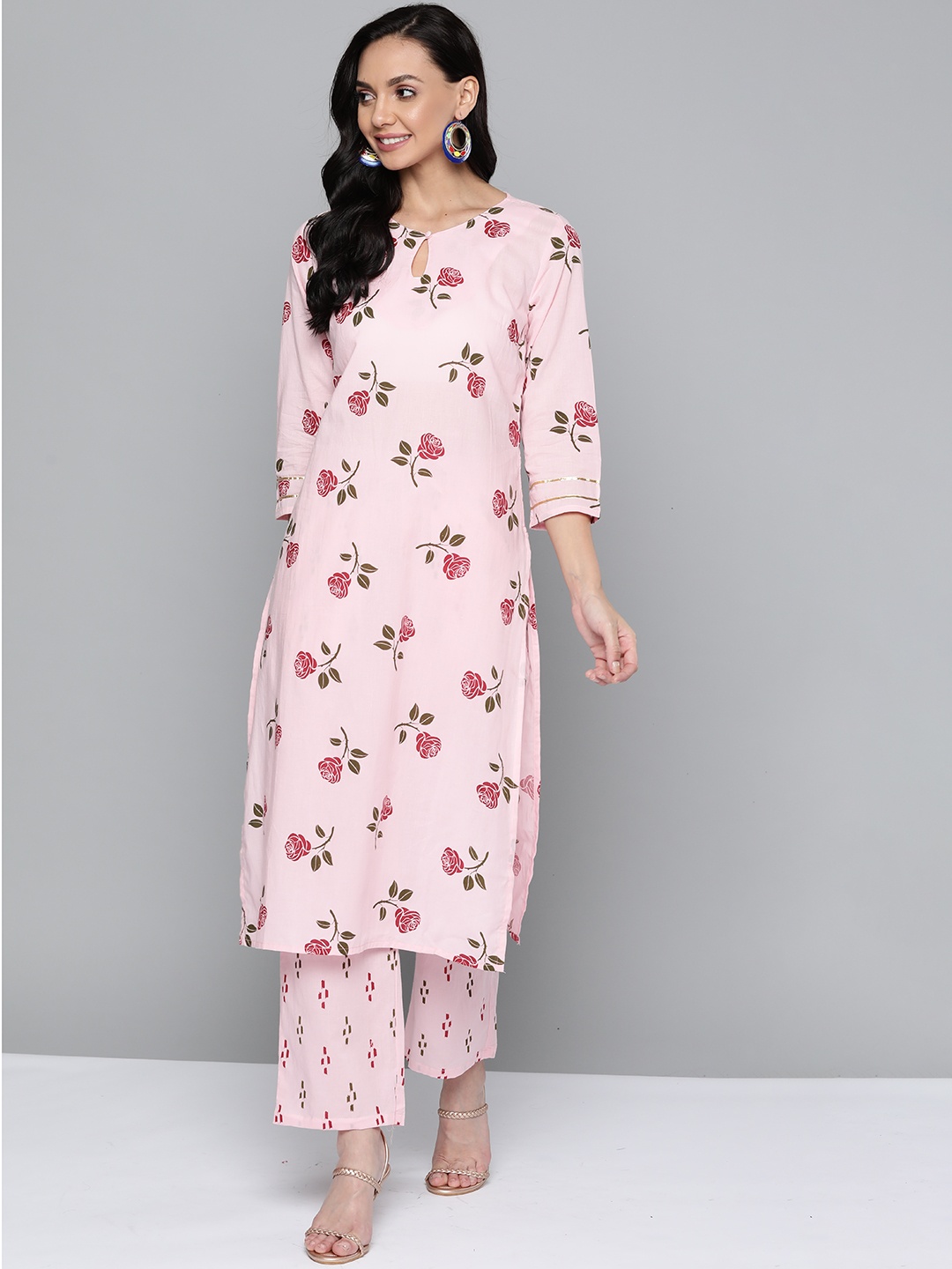 

HERE&NOW Women Pink & Red Floral Printed Pure Cotton Kurta with Trousers