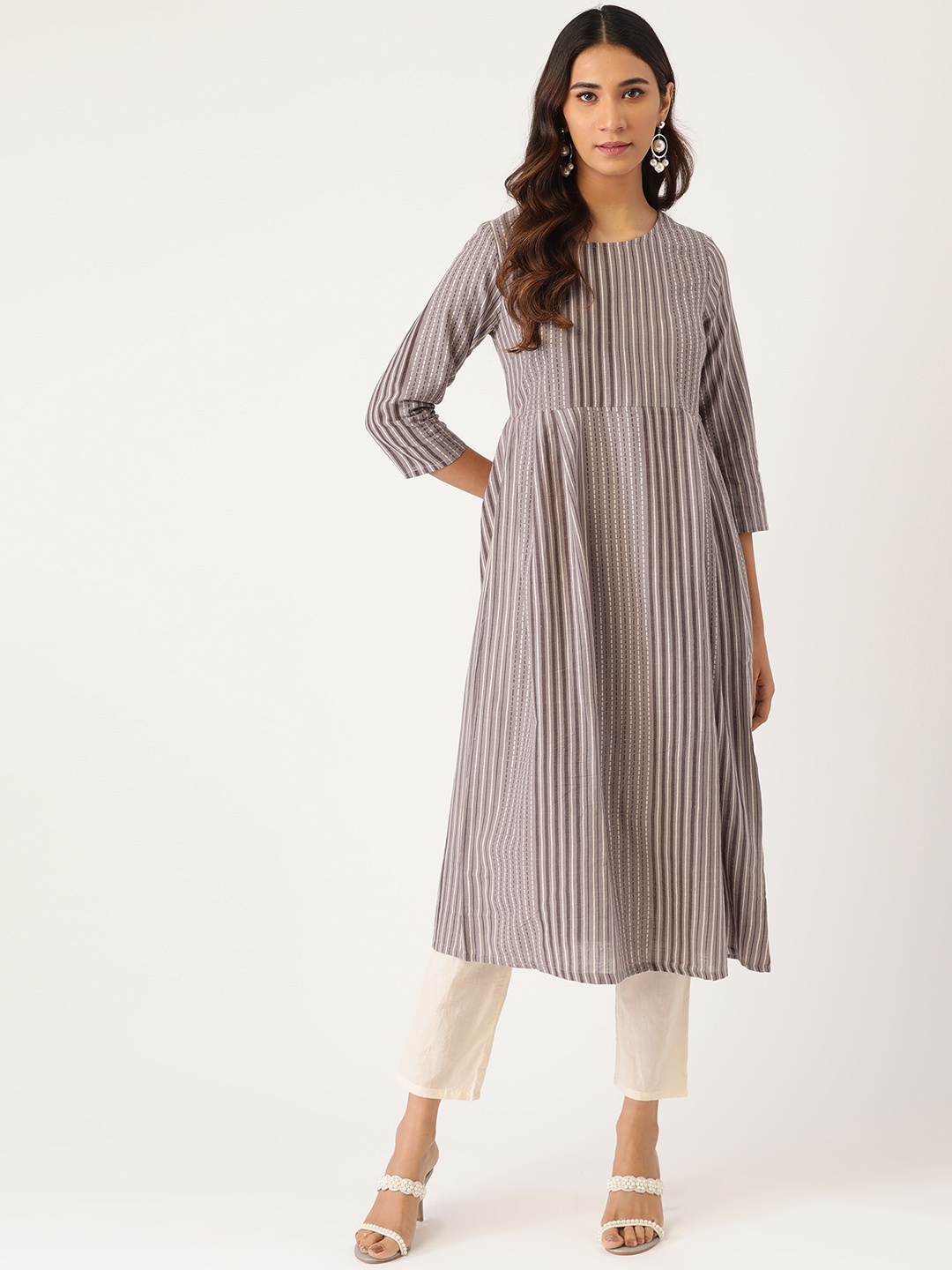 

Moda Rapido Women Grey Striped Pure Cotton Kurta with Trousers