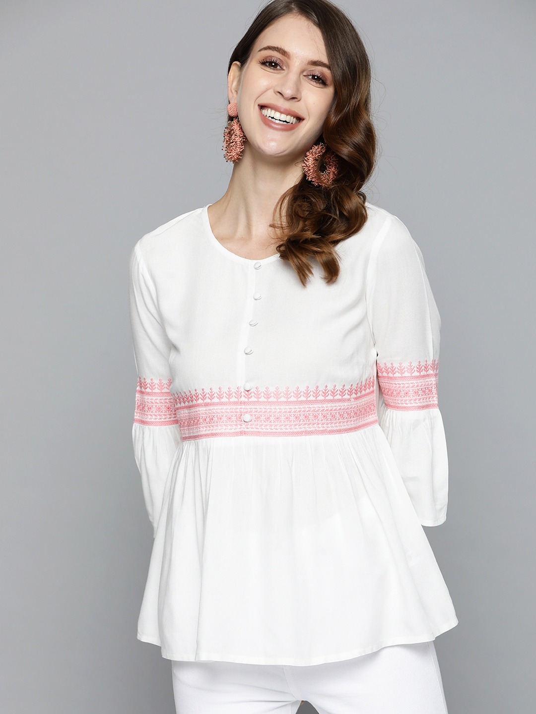 

HERE&NOW Women White Ethnic Motifs Bell Sleeves Top