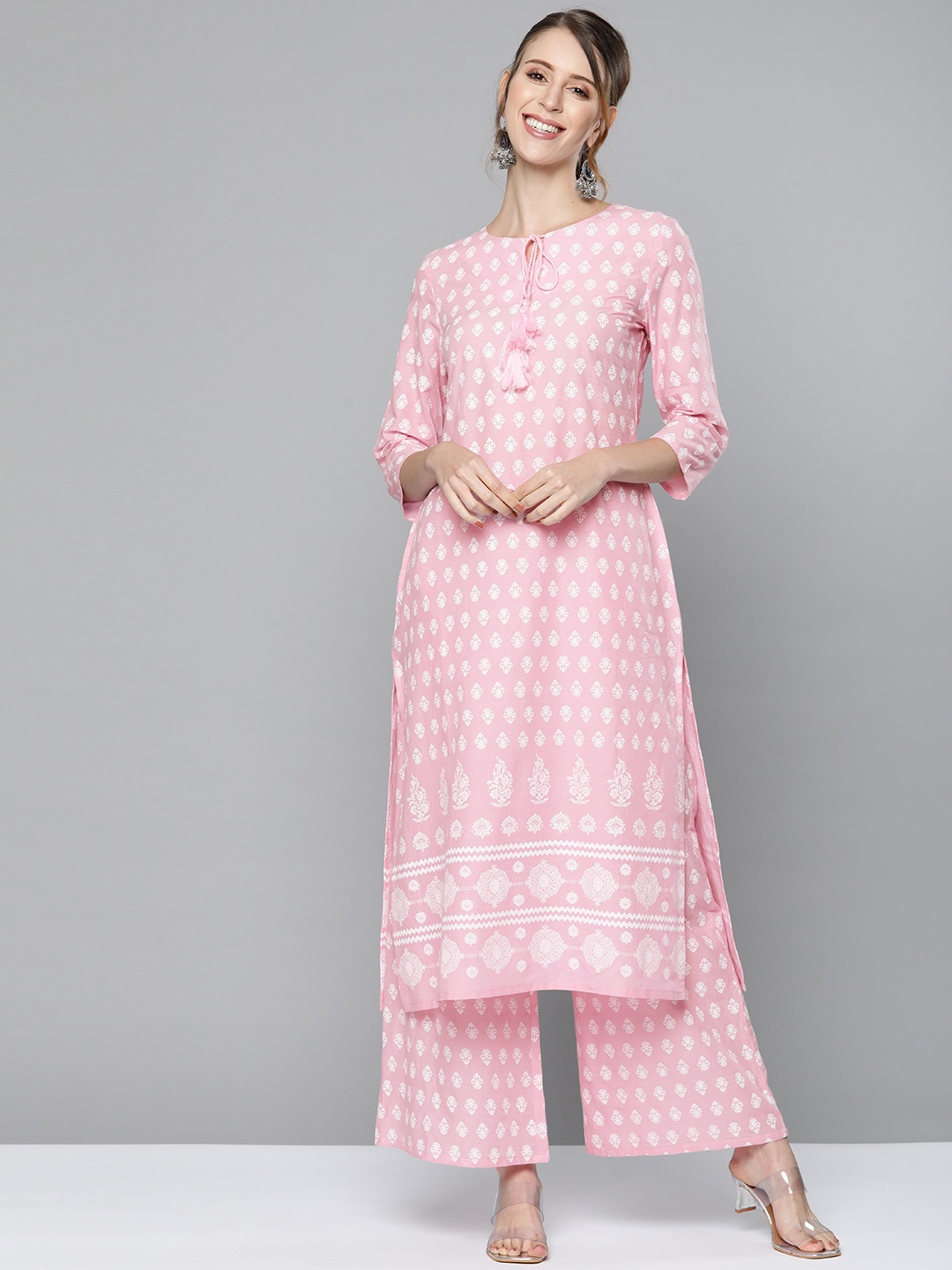 

HERE&NOW Women Pink & White Pure Cotton Printed Kurta with Palazzos