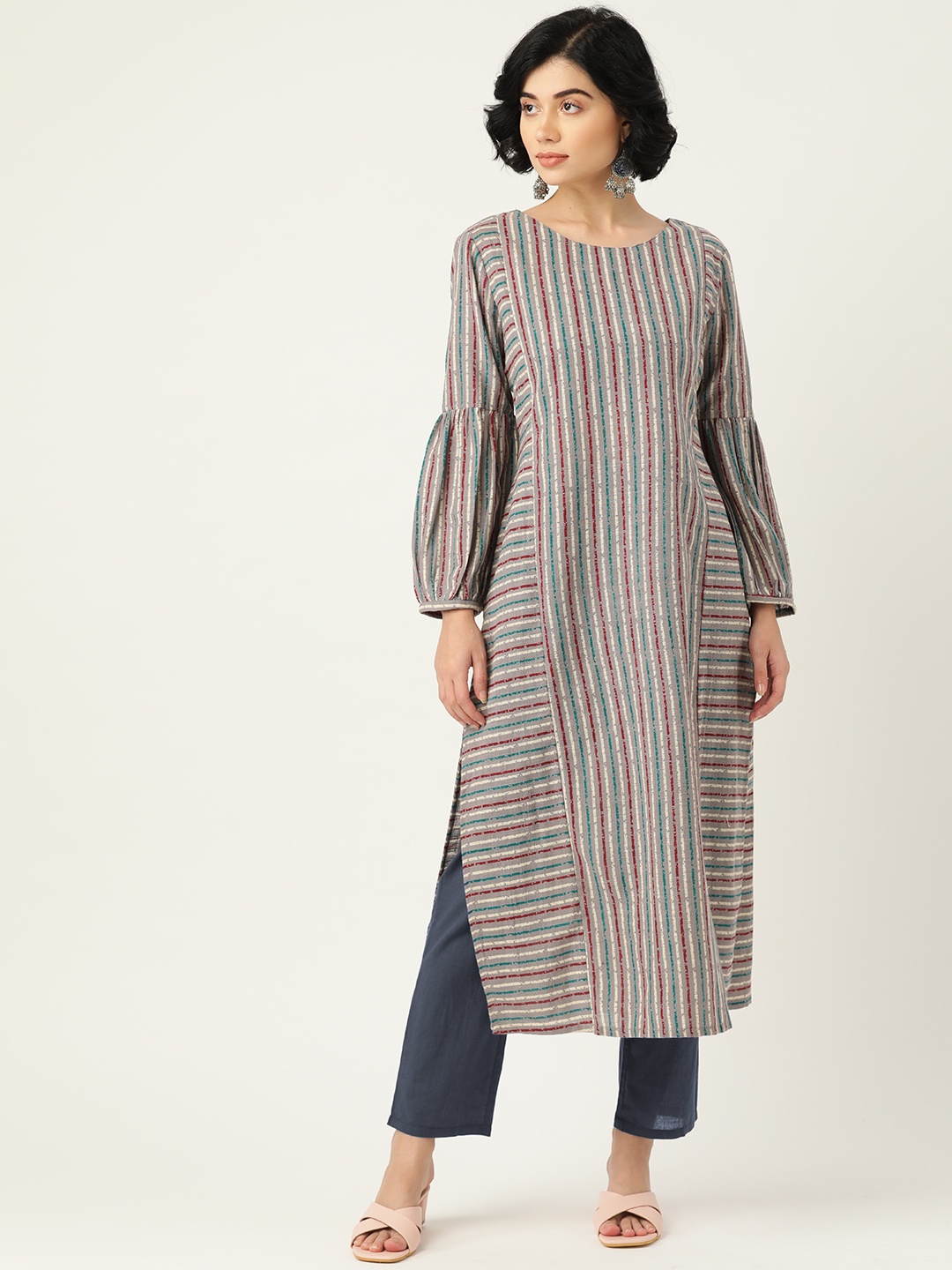 

Moda Rapido Women Grey Striped Pure Cotton Kurta with Trousers