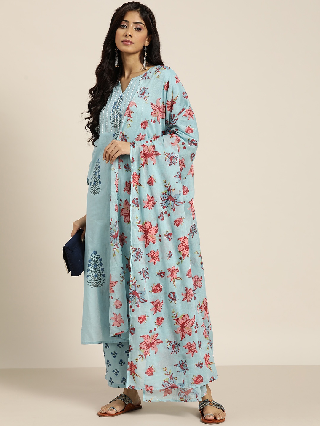 

Moda Rapido Women Blue Motifs Print Sequinned Cotton Kurta with Palazzos & Dupatta