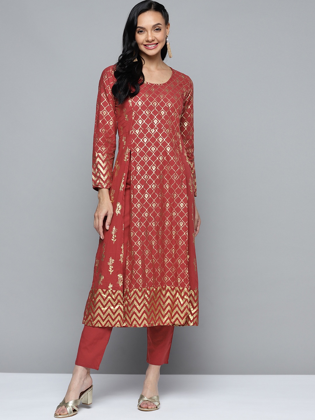 

HERE&NOW Women Rust Red & Golden Ethnic Printed Pure Cotton Kurta with Trousers