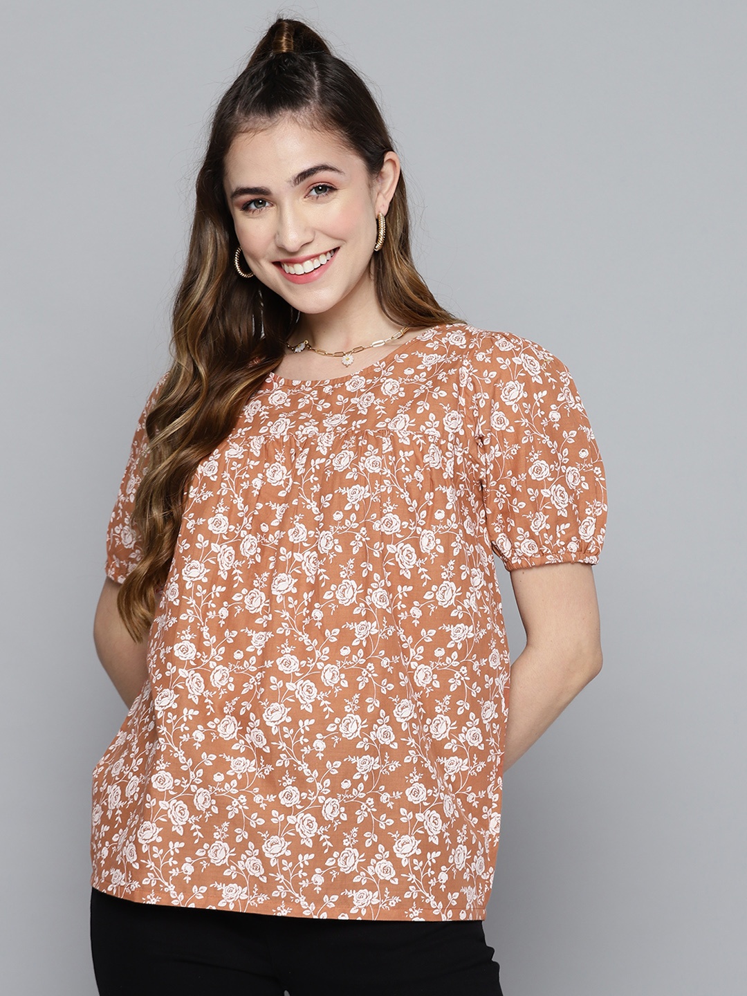 

HERE&NOW Brown & White Pure Cotton Floral Print Top